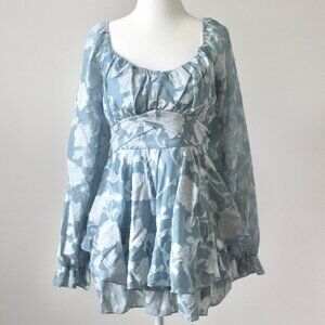 Charmed Hearts Blue Floral Bow Flowy Long-Sleeve Mini Dress Skort Medium
